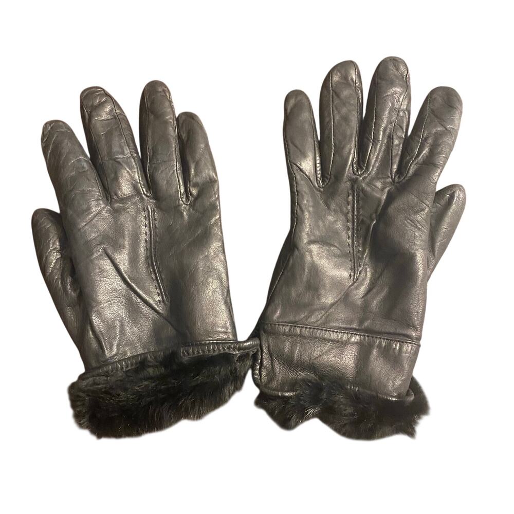 Grandoe Black Leather Gloves M Faux Fur Trim Lined Winter Dress Gloves Luxury
